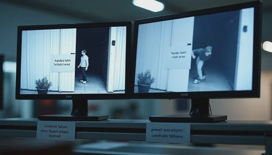 Failure-case monitor showing shed door open and hands out of view.