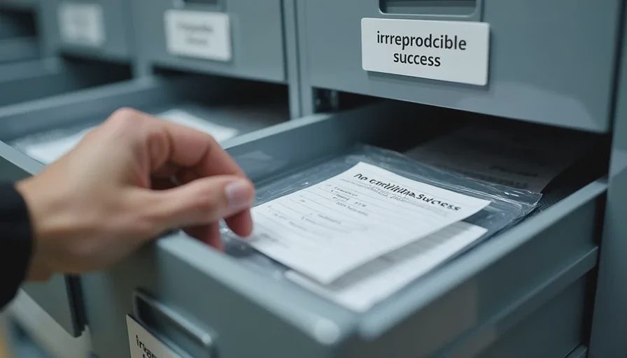 Archive cabinet drawer labeled “irreproducible success — no conditions recorded.”