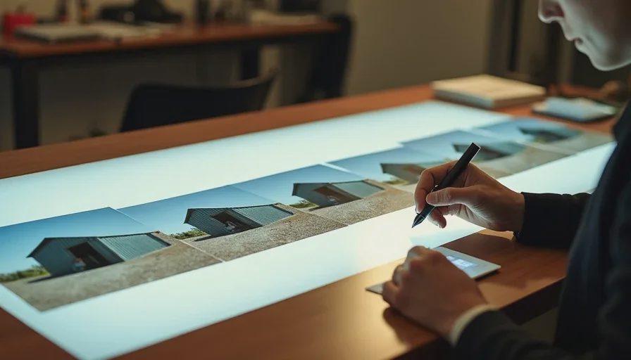 Light table with twelve printed frames, loupe over a frame where shed door opens.