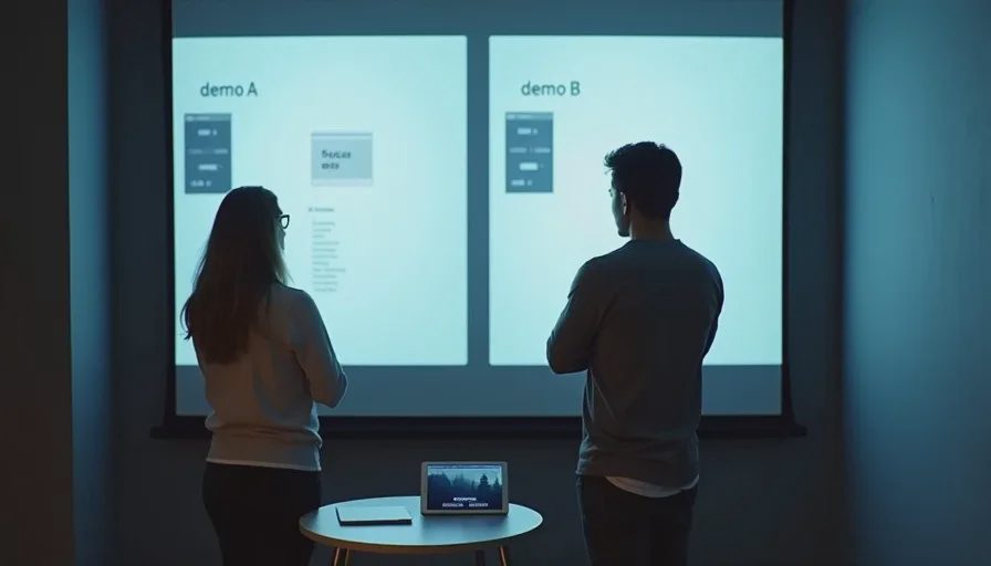 Two people comparing side-by-side projected video demos in screening room.
