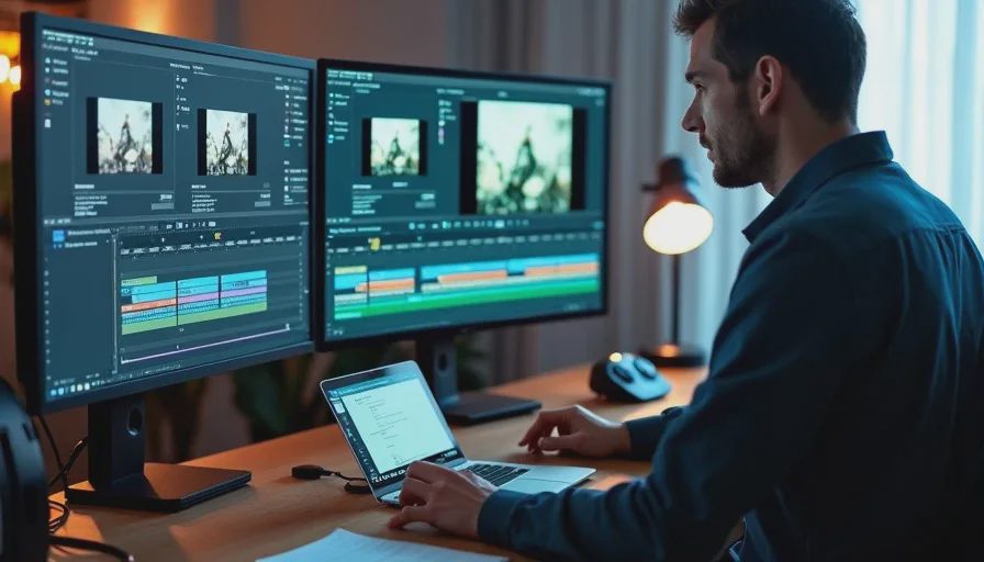 Editor inspecting cuts and speed changes beside raw take on multi-monitor station.