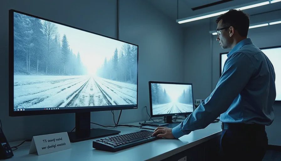 T5 monitor showing directional light and particle motion, tag about new failure points.